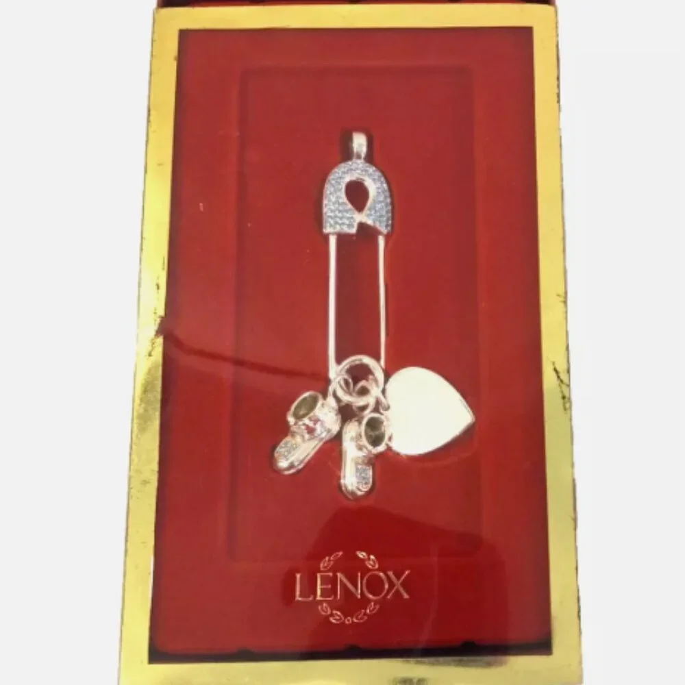 Lenox Baby Boy Diaper Pin Ornament Silverplate Booties Heart Crystals IOB